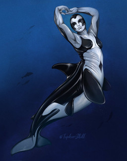 5_fingers black_body blue_background dorsal_fin female fin fingers fish_tail front_view looking_at_viewer mouth_closed multicolored_body pose side_view silhouette simple_background solo split_form twitter_handle two_tone_body white_body christopher_stoll aquatic cetacean dolphin humanoid_merfolk mammal merfolk oceanic_dolphin orca toothed_whale 2023 digital_drawing_(artwork) digital_media_(artwork) full-length_portrait hi_res portrait