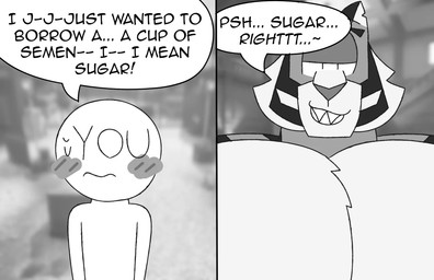 anthro big_muscles big_pecs blush bodily_fluids dialogue duo explicit_text flustered freudian_slip fur huge_pecs looking_at_viewer looking_down looking_down_at_another looking_down_at_viewer looking_up looking_up_at_another looking_up_at_viewer male muscular narrowed_eyes pecs photo_background sharp_teeth smile smirk speech_bubble standing striped_body striped_fur stripes stuttering sweat sweatdrop teeth text tilde_after_text white_body juiciidrop epic_games fortnite anon oscar_(fortnite) ambiguous_species felid humanoid mammal pantherine tiger 2025 black_and_white comic digital_drawing_(artwork) digital_media_(artwork) english_text monochrome photography_(artwork)