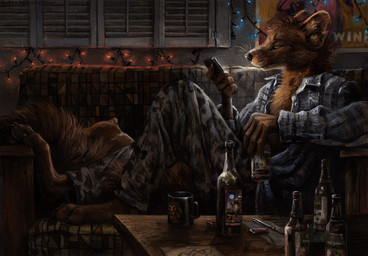 4_toes alcohol ambiguous_gender anthro beer beverage black_lips black_nose bottle bottomwear brown_body brown_eyes brown_fur cellphone christmas_decorations christmas_lights claws clothed clothing container cup detailed_background digitigrade ears_back electronics feet fur furniture hindpaw holding_bottle holding_container holding_object humanoid_hands inner_ear_fluff inside lips long_mouth night no_sclera pajamas pants pawpads paws phone pivoted_ears shadow shirt snout sofa solo string_lights table text toes topwear tuft whiskers window wood kenket tay_(kenket) gulonine mammal marten mustelid musteline 2015 detailed english_text painting_(artwork) traditional_media_(artwork) traditional_painting_(artwork)