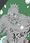 abs bottomwear bubble claws clothing fin green_background head_fin loincloth male mostly_nude muscular pecs scar sharp_teeth simple_background solo teeth toothy_grin goichimonji ultimate_muscle atlantis_(ultimate_muscle) animal_humanoid fish fish_humanoid humanoid marine marine_humanoid