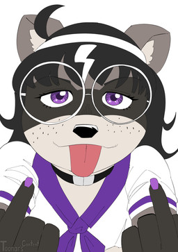 anthro asian_clothing clothing collar east_asian_clothing eyewear freckled_face freckles gesture glasses hand_gesture japanese_clothing japanese_school_uniform middle_finger school_uniform tongue tongue_out uniform toonarscontent erika_(toonarscontent) mammal procyonid raccoon absurd_res digital_drawing_(artwork) digital_media_(artwork) hi_res