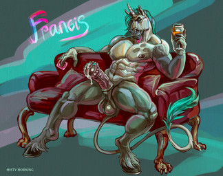 abs anthro aroused balls condom drunk erection furniture genitals hooves horn male muscular nude pecs penis sexual_barrier_device sitting sofa solo substance_intoxication misty_morning mythology francis equid equine horse mammal mythological_creature mythological_equine unicorn hi_res