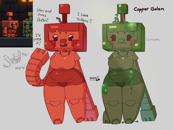 breasts excited female machine shortstack solo text thick_thighs scorci jewish_mythology microsoft minecraft mojang mythology xbox_game_studios android copper_golem_(minecraft) golem_(minecraft) humanoid mythological_creature mythological_golem robot english_text hi_res