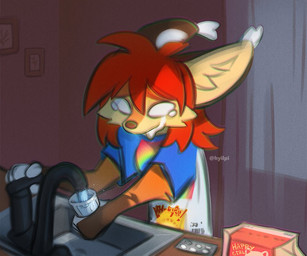 anthro bodily_fluids brown_body brown_fur clothed clothing crying detailed_background ear_tuft fur gloves_(marking) hair inside markings red_hair shirt sink solo t-shirt tears text topwear tuft water hyilpi 2023 artist_name digital_media_(artwork) unavailable_at_source