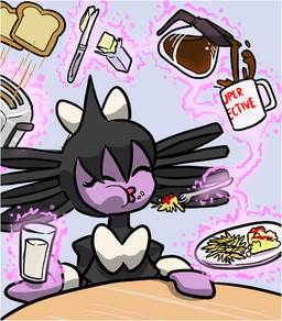 alternative_fashion beverage blue_background border bread breakfast coffee eating eyes_closed female food goth gothic_lolita j-fashion ketchup kuro_lolita lips lolita_(fashion) mitten_hands not_furry psychic purple_body simple_background solo telekinesis toast white_border conditional_dnp teckworks nintendo pokemon generation_5_pokemon gothitelle humanoid pokemon_(species) 2011 reaction_image