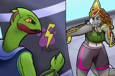 anthro bra clothing duo female green_body grey_body gym inside male punch punching_bag sports_bra sportswear underwear kynmedia nintendo pokemon generation_3_pokemon generation_7_pokemon kommo-o pokemon_(species) sceptile absurd_res hi_res