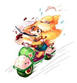 accessory beverage bite blush clothing coffee female floppy_ears hair_accessory holding_object motion_lines solo vehicle delano-laramie animal_crossing nintendo isabelle_(animal_crossing) canid canine canis domestic_dog mammal 2015
