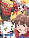 annoyed anthro brown_hair hair horn male solo white_body yellow_eyes hase_popopo bandai_namco digimon digimon_ghost_game hiro_amanokawa ceratopsian clockmon digimon_(species) dinosaur gammamon human mammal ornithischian piximon prehistoric_species reptile scalie triceratops absurd_res hi_res