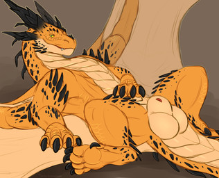 animal_genitalia balls feral genitals horn male orange_body paws penis sheath solo kristinagoose_(artist) european_mythology mythology vulth_(character) dragon mythological_creature mythological_scalie scalie western_dragon absurd_res hi_res
