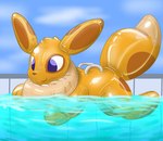 :3 ambiguous_gender animal_pool_toy blue_eyes dipstick_tail feral handle happy inflatable latex markings pool_toy solo tail tail_markings how2101 nintendo pokemon eevee generation_1_pokemon inanimate_object pokemon_(species) shaded