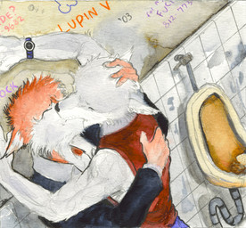 anthro bathroom clock clothed clothing detailed_background duo ear_piercing eyes_closed fur graffiti grey_body grey_fur high-angle_view kiss_on_lips kissing male male/male piercing public_restroom red_body red_fur romantic romantic_couple text urinal watch white_body white_fur ayato canid canine canis domestic_dog fox mammal wolf 2007 english_text graphite_(artwork) mixed_media painting_(artwork) traditional_media_(artwork) traditional_painting_(artwork) traditional_watercolor_(artwork) watercolor_(artwork)