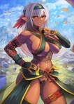 big_breasts blush blush_lines breasts clothed clothing dark_body dark_skin female grey_hair hair not_furry skimpy solo tattoo eguchi_tumoru elf humanoid