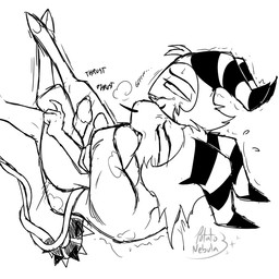2_horns 4_fingers biped bite biting_lip biting_own_lip black_text bodily_fluids cloven_hooves curved_horn duo embracing_during_sex entwined_tails eye_roll eyebrows eyes_closed facial_hair fingers genital_fluids genitals glans growling hair half-closed_eyes hooves horn hug hugging_another humanoid_genitalia humanoid_on_humanoid humanoid_penis intraspecies lying lying_on_another male male/male male_humanoid motion_lines mustache narrowed_eyes not_furry on_back penis precum self_bite sex sharp_teeth short_hair shoulder_bite sound_effects spiked_tail spikes spikes_(anatomy) tail tail_coil teeth text thigh_sex thrusting unguligrade potatonebula hellaverse helluva_boss moxxie_(helluva_boss) striker_(helluva_boss) demon demon_humanoid humanoid imp 1:1 black_and_white english_text monochrome signature sketch