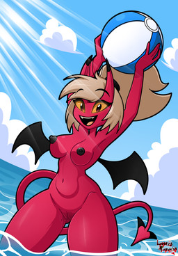 accessory areola ball beach_ball black_hairband black_nipples black_tail_tip black_wings blonde_hair blue_ball blue_water bodily_fluids breasts cloud dipstick_tail eyelashes fangs female floating_eyebrows genital_fluids genitals glowing glowing_eyes hair hair_accessory hair_up happy horn inflatable inflatable_ball innie_vulva long_eyelashes long_tail markings medium_breasts medium_hair navel nipples nude open_mouth open_smile partially_submerged ponytail pupils red_body red_skin red_tail red_tail_tip sea sky skyscape smile solo spade_tail spread_wings sunny tail tail_markings teeth thick_thighs tongue vaginal_fluids vulva water white_ball wide_hips wings yellow_sclera lunaris_parukia hellaverse helluva_boss apple_(helluva_boss) demon demon_humanoid humanoid imp absurd_res digital_media_(artwork) hi_res signature