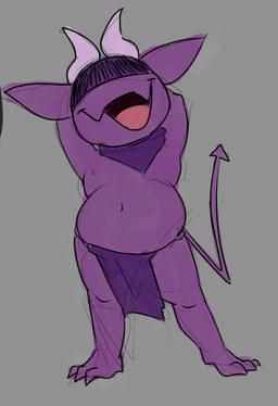 3_toes belly big_ears bottomwear claws clothed clothing feet flesh_fang front_view grey_background hands_behind_head headgear headkerchief headwear hidden_eyes horn kerchief loincloth male neckerchief neckwear nipples open_mouth open_smile overweight overweight_male pointy_ears purple_body purple_clothing purple_headkerchief purple_headwear purple_kerchief purple_neckerchief purple_skin purple_tail purple_underwear simple_background smile solo spade_tail standing tail thin_tail toe_claws toes underwear underwear_only wavy_horn nobodyshouse boone_(misterimp) demon humanoid imp 2025 absurd_res digital_drawing_(artwork) digital_media_(artwork) guide_lines hi_res sketch