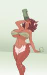 alcohol bare_shoulders beverage big_breasts blush bottle bottomless breasts brown_hair cleavage clothed clothing container drinking eyes_closed female freckles hair holding_bottle holding_container holding_object huge_breasts inner_ear_fluff navel skimpy solo tuft under_boob wide_hips limebreaker towergirls faun_princess satyr_princess faun satyr 2016 digital_media_(artwork) hi_res