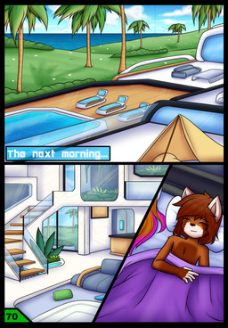 adolescent anthro bed black_border border clothed clothing furniture male palm_tree plant science_fiction sea sleeping solo swimming_pool text topless tree water young dream_mirage axel_biersack ailurid mammal red_panda comic hi_res