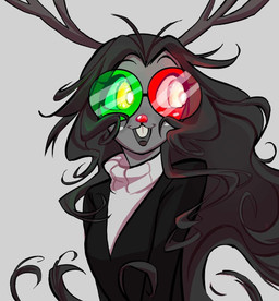 anthro antlers black_hair buckteeth business_suit clothing female freckles fusion hair heterochromatic_glasses horn red_nose solo suit sweater teeth topwear turtleneck unknown_artist deltarune undertale_(series) fan_character noelle_holiday spamelle spamton_g._spamton deer mammal new_world_deer reindeer