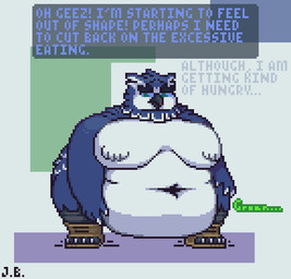 anthro beak belly belly_overhang big_belly big_breasts blue_body blue_feathers breasts chubby_cheeks clothing deep_navel dialogue feathers female footwear footwear_only frown huge_belly hungry mostly_nude narrowed_eyes naturally_censored navel nude obese obese_anthro obese_female onomatopoeia overweight overweight_anthro overweight_female sandals sandals_only shoes simple_background solo sound_effects standing talking_to_self text text_box unsatisfied weight_conscious white_body white_feathers jellybru vellabella_(jellybru) avian bird owl 2023 digital_media_(artwork) english_text pixel_(artwork) signature
