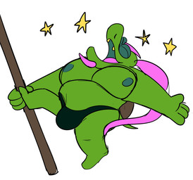 4_fingers anthro bulge clothing dancing eyes_closed fingers green_body hair male musclegut muscular nipples open_mouth pole pole_dancing purple_hair simple_background solo underwear white_background grolarbearsins deltarune undertale_(series) gerson_boom_(deltarune) reptile scalie turtle 2025 hi_res