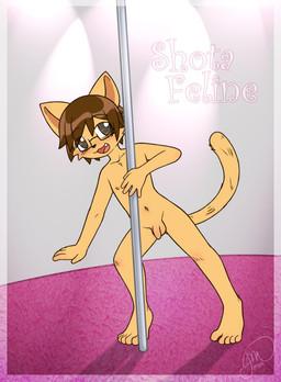 5_fingers anthro balls biped brown_hair dancing eyewear eyewear_only fingers flaccid foreskin genitals glasses glasses_only hair humanoid_genitalia humanoid_penis male navel nude penis pole pole_dancing shota solo tail wearing_glasses young young_anthro young_male jmanime shota_feline_(marimo) domestic_cat felid feline felis mammal absurd_res hi_res