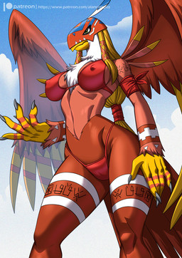 5_fingers anthro beak bikini bikini_bottom bikini_top biped breasts camel_toe claws clothed clothed_anthro clothed_female clothing cloud day female finger_claws fingers front_view green_eyes navel nipple_outline nipples non-mammal_breasts non-mammal_navel non-mammal_nipples outside red_body red_wings sky solo standing swimwear thick_thighs two-piece_swimsuit wide_hips wings alanscampos bandai_namco digimon digimon_(species) garudamon 2025 digital_drawing_(artwork) digital_media_(artwork) hi_res