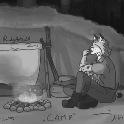 anthro backpack boots campfire clothing collared_shirt countershade_face countershading ear_tuft eating footwear fur hair long_hair long_socks male markings outside shirt shoes short_tail sitting solo spots spotted_body spotted_fur tail topwear tuft ricky_arts inktober felid feline humanoid lynx mammal 1:1 2024 black_and_white monochrome signature