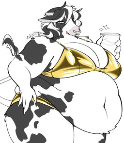 anthro belly belly_overhang big_belly big_breasts bikini black_body black_fur black_hair breasts cleavage clothed clothing container cup deep_navel facial_piercing female fur gold_bikini hair holding_container holding_cup holding_object horn looking_at_viewer love_handles markings milk milk_in_cup multicolored_hair navel nipple_outline nose_piercing nose_ring open_mouth open_smile overweight overweight_anthro overweight_female piercing ring_piercing simple_background smile solo spots spotted_body spotted_fur swimwear tail thick_thighs two-piece_swimsuit white_body white_fur white_hair mochimochiland golden_week bovid bovine cattle mammal hi_res