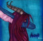 blue_background blue_body facial_markings female feral hair head_markings horn markings pink_inner_ear purple_markings red_eyes red_hair simple_background solo text kaz_(vcl) mythology dragon mythological_creature mythological_scalie scalie 2003 archived_source character_name cool_colors dated english_text marker_(artwork) shaded signature traditional_media_(artwork)