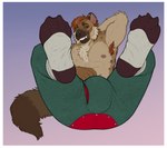 anthro bulge chest_tuft clothing ear_piercing footwear looking_at_viewer male muscular piercing presenting smile socks solo tail tuft homogenousrule hyena mammal hi_res