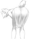 anthro bent_over butt clothed clothing female hair looking_at_viewer looking_back looking_back_at_viewer narrowed_eyes short_hair simple_background solo standing white_background fenrih itza_(fenrih) felid mammal prehistoric_species saber-toothed_tiger digital_media_(artwork) monochrome portrait sketch three-quarter_portrait