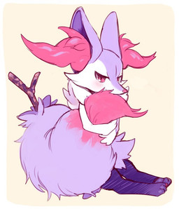 3_fingers ambiguous_gender blush ear_tuft fingers fur hugging_own_tail looking_at_viewer purple_body red_body red_eyes red_fur red_nose semi-anthro simple_background sitting solo stick tail tail_hug tuft amezawa_koma nintendo pokemon braixen canid canine fox generation_6_pokemon mammal pokemon_(species) shiny_pokemon
