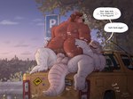 albino anthro balls beard big_butt bodily_fluids breath broad_shoulders butt butt_rub city detailed_background dialogue duo facial_hair facial_piercing foreskin frottage genitals hand_on_butt looking_at_butt looking_back male male/male motion_lines musk musk_clouds musky_balls musky_butt musky_penis nose_piercing nose_ring on_car on_vehicle outdoor_nudity outside outside_sex panting penile penis perineum piercing public public_sex ring_piercing sex short_tail sitting_on_another sky sweat tail tail_motion tailwag text truck truck_bed vehicle ruffus_woofus don_dontae_(ffizzy) bear crocodile crocodilian mammal reptile scalie 2025 absurd_res english_text hi_res