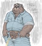 anthro balls bodily_fluids bottomwear brown_body brown_fur clothed clothing foreskin fur genital_fluids genitals humanoid_hands male open_clothing overweight overweight_anthro overweight_male pants peeing penis shirt solo text topwear underwear urine kondo_musashi musabo3neo mammal suid suine sus_(pig) wild_boar 2006 archived_source japanese_text translation_request