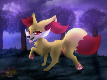 anus butt duo female feral fur genitals grass humanoid_genitalia humanoid_genitalia_on_feral humanoid_vulva humanoid_vulva_on_feral open_mouth pawpads paws plant rear_view red_body red_eyes red_fur solo solo_focus tongue tree vulva yellow_body yellow_fur astralia nintendo pokemon canid canine fennekin fox generation_6_pokemon mammal pokemon_(species) hi_res watermark