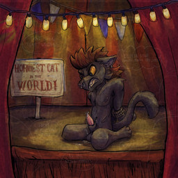 animal_genitalia annoyed anthro balls bodily_fluids bound ear_piercing embarrassed erection facial_piercing genital_fluids genitals hands_tied lights looking_away male nipples nose_piercing nose_ring nude on_display penis piercing pink_penis precum public ring_piercing sheath sign solo teeth text yellow_eyes kittee_mortis kittee_mortis_(character) domestic_cat felid feline felis mammal 1:1 digital_media_(artwork) english_text hi_res