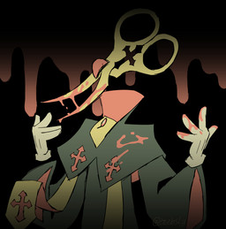 blood blood_on_clothing bodily_fluids clothing cross for_a_head male priest scissors solo teebsly theo_(tinybeasts) demon humanoid object_head