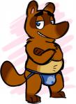 anthro belly blue_eyes brown_body brown_fur bulge clothing fur jockstrap male simple_background slightly_chubby solo standing underwear goronic animal_crossing nintendo tom_nook_(animal_crossing) canid canine mammal raccoon_dog tanuki 2019 digital_media_(artwork) full-length_portrait portrait