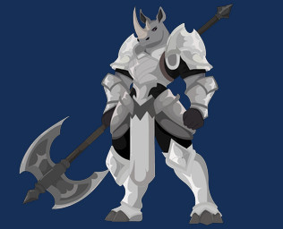2_horns 3_toes anthro armor eyelashes facial_horn feet fist frowning_at_viewer grey_body grey_skin halberd holding_object holding_weapon horn long_ears male melee_weapon muscular muscular_anthro muscular_male nose_horn polearm purple_eyes solo toes weapon damimont fan_character mammal rhinoceros alpha_channel hi_res story story_in_description