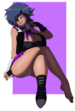 biped bottomwear breasts clothed clothing crossed_legs female hair hair_over_eye looking_at_viewer not_furry panties pupils purple_eyes skirt smile solo thick_thighs underwear tobitobi90 elf humanoid absurd_res hi_res