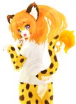 anthro blonde_hair bottomless butt clothed clothing cute_fangs fangs female fur hair looking_at_viewer open_mouth pawpads shirt simple_background solo spots t-shirt teeth topwear white_background yellow_body yellow_fur tetetor-oort tirol cheetah felid feline mammal 2019 hi_res