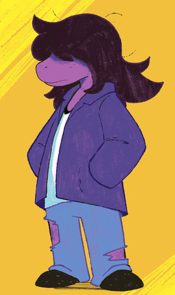 anthro bottomwear clothing dark_hair female footwear freckled_face freckles hair hair_over_eyes hand_in_pocket jacket obscured_eyes pants pockets purple_body purple_clothing purple_skin shoes simple_background solo standing topwear torn_bottomwear torn_clothing torn_pants yellow_background fatz_geronimo deltarune undertale_(series) susie_(deltarune) reptile scalie colored hi_res