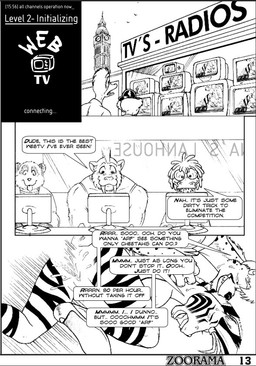 anthro being_watched big_ben breasts dialogue electronics fangs female genitals group humor looking_at_another male male/female monitor nipples penetration penis recording screen sex stripes teeth television text tongue tongue_out vaginal vaginal_penetration vulva extro nexus real_world zoorama_comics tina_(nexus) cheetah equid equine felid feline mammal zebra 2005 black_and_white comic english_text monochrome multiple_scenes