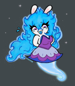 anthro arms_bent bangs blue_hair blue_tongue blush blush_lines breasts clothed clothed_anthro clothed_female clothing dress fangs female female_anthro fur glowing glowing_body grey_background hair hands_behind_back legless long_ears looking_down multicolored_body multicolored_clothing multicolored_dress multicolored_hair noseless purple_clothing purple_dress purple_eyes shy simple_background solo sparkles tan_inner_ear teeth text tongue two_tone_body wavy_hair white_body white_fur vampkettleartz mario_bros mario_plus_rabbids_sparks_of_hope nintendo raving_rabbids rayman_(series) ubisoft midnite_(mario_plus_rabbids) ghost hybrid lagomorph mammal rabbid spirit 2023 artist_name crossover digital_drawing_(artwork) digital_media_(artwork) english_description flat_colors full-length_portrait portrait shaded