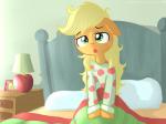 2014 4:3 apple_bloom_(mlp) applejack_(mlp) awake bed bed_head big_macintosh_(mlp) blonde_hair clothing earth_pony equid equine female food_print frankier77 freckles friendship_is_magic furniture granny_smith_(mlp) green_eyes hair hasbro horse lamp mammal messy_hair my_little_pony nightstand pajamas picture_frame pillow pony sitting solo