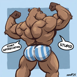 Rating: q
ID: 5700435
Date: 2025-07-10 22:54:35 -0400
Status: active
Score: 44
1:1 2025 anthro argentina back_muscles barazoku blue_background brown_body brown_fur butt capybara caviid clothed clothing english_description english_text flexing_muscles fur hi_res insult insulting_viewer looking_at_viewer looking_back male mammal manly muscular muscular_anthro muscular_male nanoff rear_view rodent shoulder_blades simple_background solo speech_bubble speedo speedo_only spine swimwear text topless post #5700435