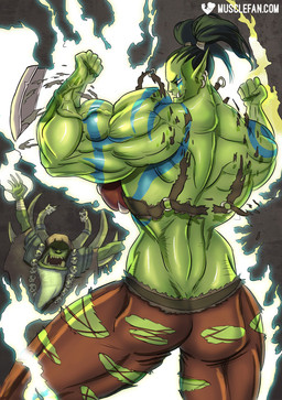 big_muscles butt clothing duo ear_piercing female flexing green_body green_skin huge_muscles hyper hyper_muscles muscular muscular_female not_furry piercing tattoo torn_clothing muscle-fan-comics rsuna blizzard_entertainment warcraft humanoid orc hi_res