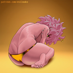 arched_back bikini black_sclera butt clothing feet female gold_bikini gold_bikini_bottom gold_panties hair mostly_nude not_furry pink_body pink_hair solo swimwear two-piece_swimsuit yellow_eyes evilmako my_hero_academia ashido_mina humanoid quirked_human_(my_hero_academia) 1:1 hi_res