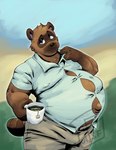 anthro belly beverage big_belly blue_eyes bottomwear brown_body brown_fur bulge button_(fastener) clothing collared_shirt container cup dress_shirt fetal_movement fur holding_container holding_cup holding_object male markings navel nipple_outline outie_navel overweight overweight_male pants pregnant pregnant_anthro pregnant_male ring_(marking) ringed_tail shirt solo straining_buttons striped_markings striped_tail stripes tail tail_markings tea tea_bag tight_clothing topwear randomgirl1265 animal_crossing nintendo tom_nook_(animal_crossing) canid canine mammal raccoon_dog tanuki 2022 absurd_res hi_res