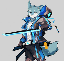 anthro blue_body blue_eyes blue_fur bottomwear clothing fur hair jacket male melee_weapon multicolored_body multicolored_fur muscular muscular_male pants pose shirt simple_background smile solo sword topwear two_tone_body two_tone_fur weapon asleepchef yakumo_(asleepchef) canid canine canis domestic_dog hybrid mammal wolf hi_res